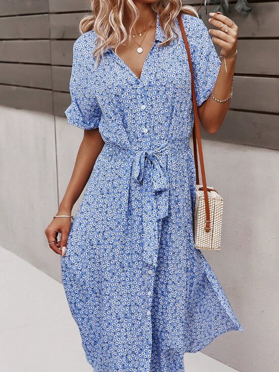 MODA ME COUTURE Dresses & Skirts - Baby Blue Casual Women's Ditsy Floral Print Batwing Sleeve Belted Shirt Dress